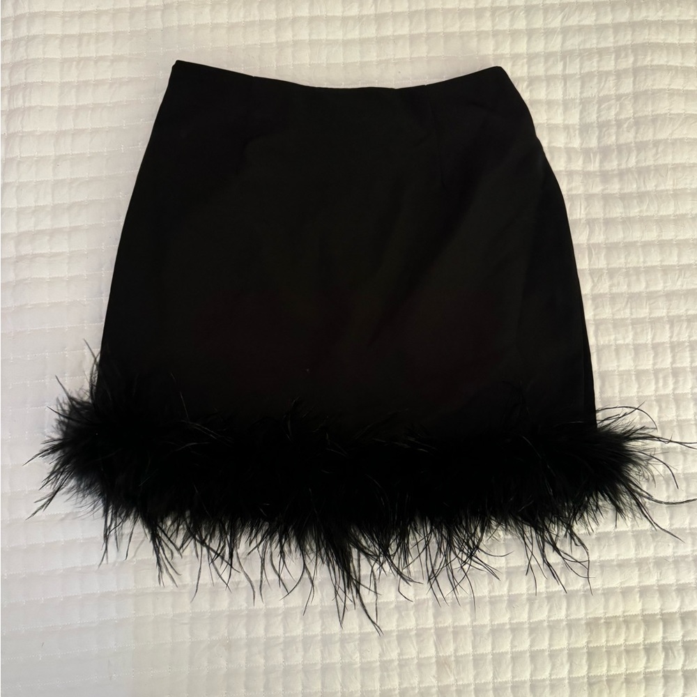 Black fur trim, high-rise mini skirt